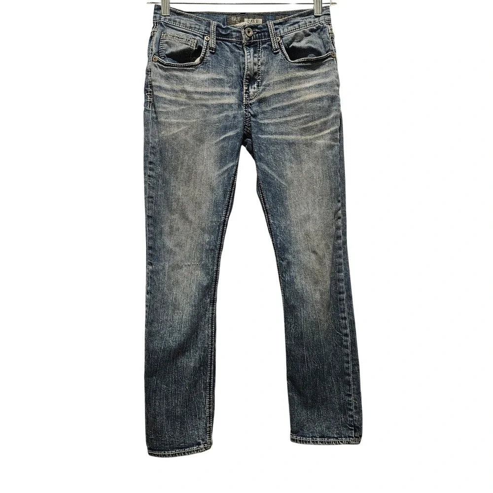 BKE Jeans Men 28S Blue Jake Straight Leg Stretch Medium Wash Whiskered Denim
